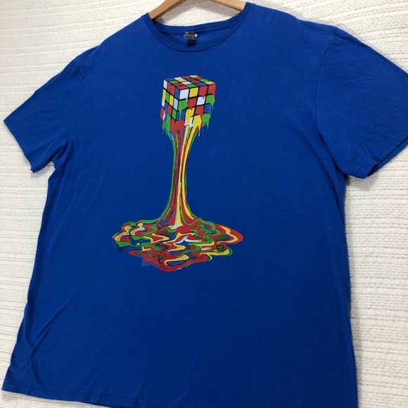 Gildan Rubik's Cube Melting Graphic T-Shirt Short Sleeve‎ Crew Neck Blue 2XL - Picture 1 of 7